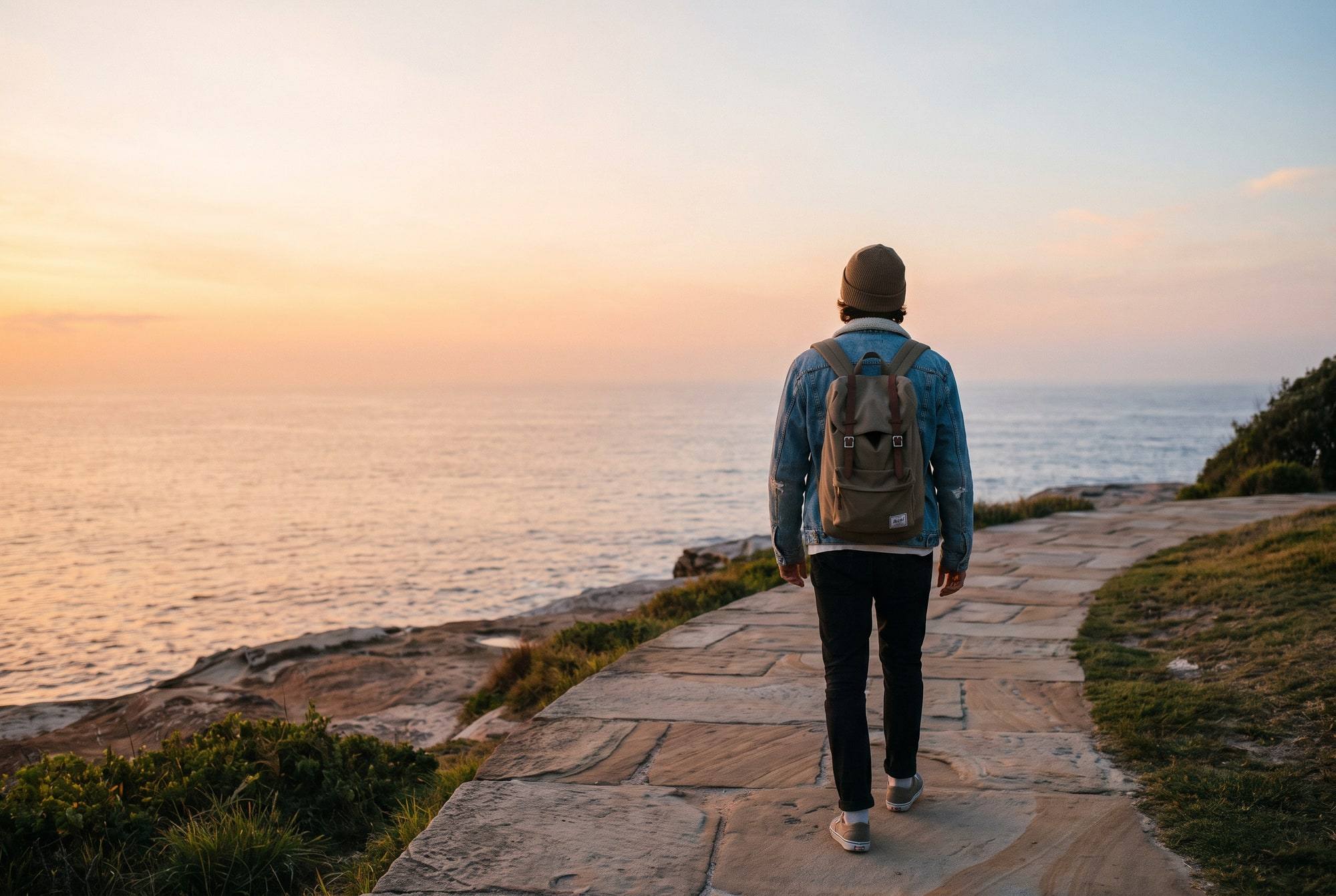 Someone walking the Bondi coastal path at sunrise, the sea glowing ahead