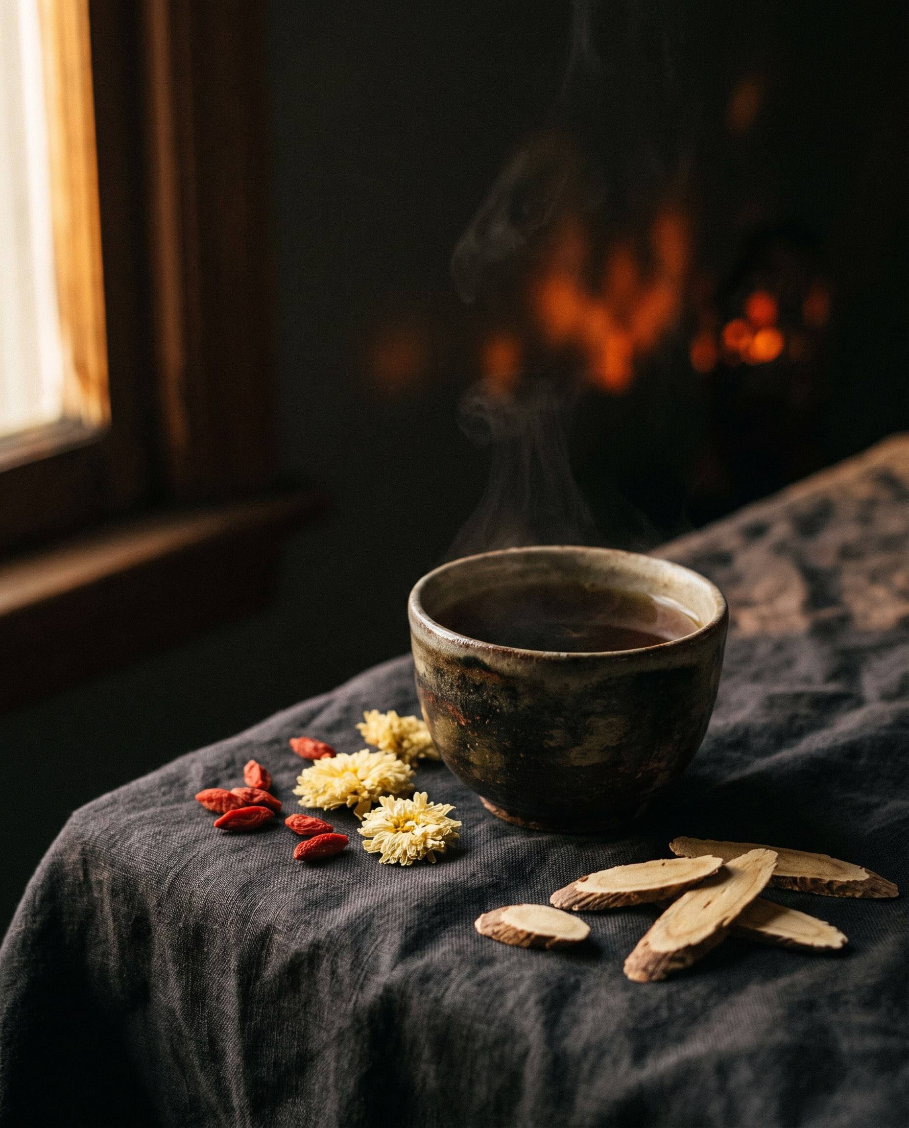 A ceramic cup of Chinese herbal tea beside goji berries, chrysanthemum and astragalus